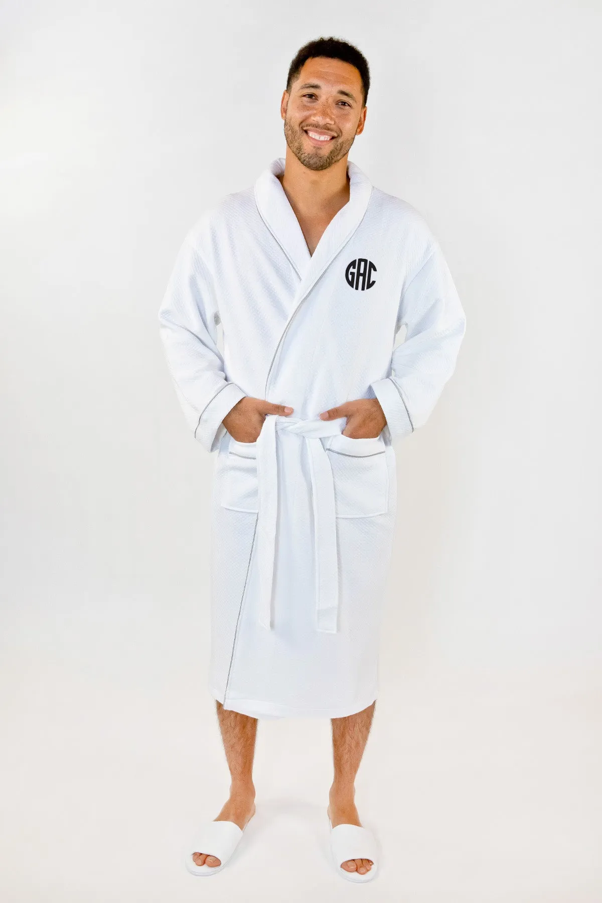 Grid Style Embroidered Bath Robe White with Light Pink Piping