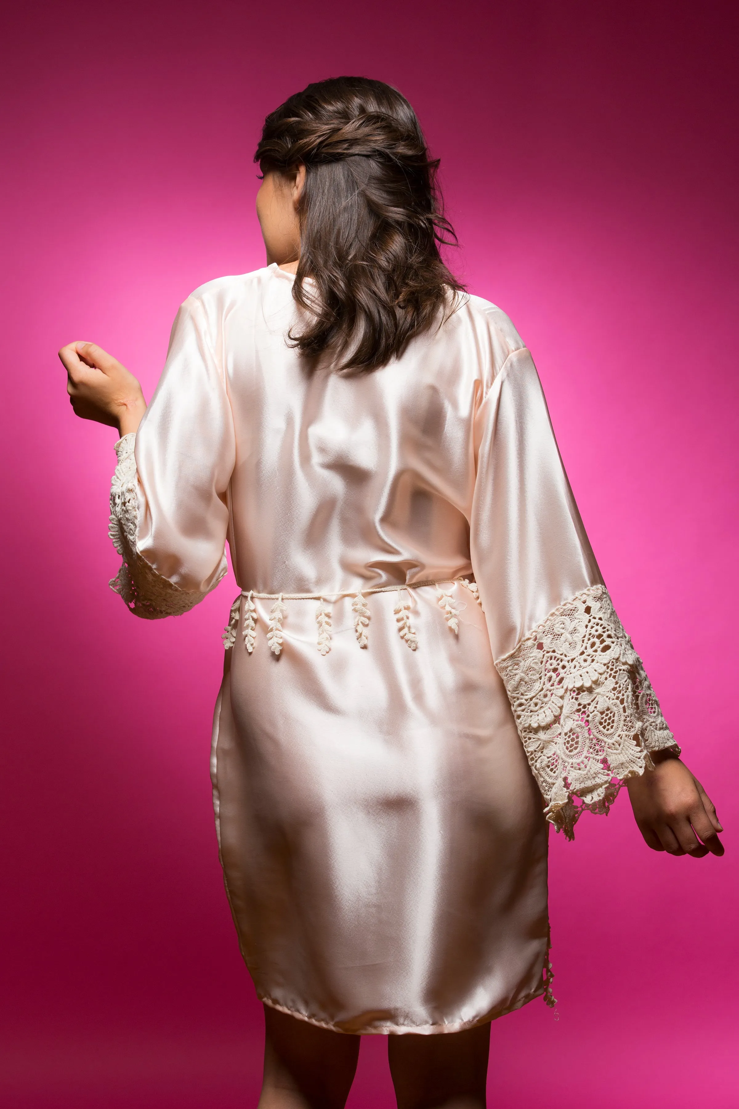 Light Peach Satin Robe with Lace Accented Cuff