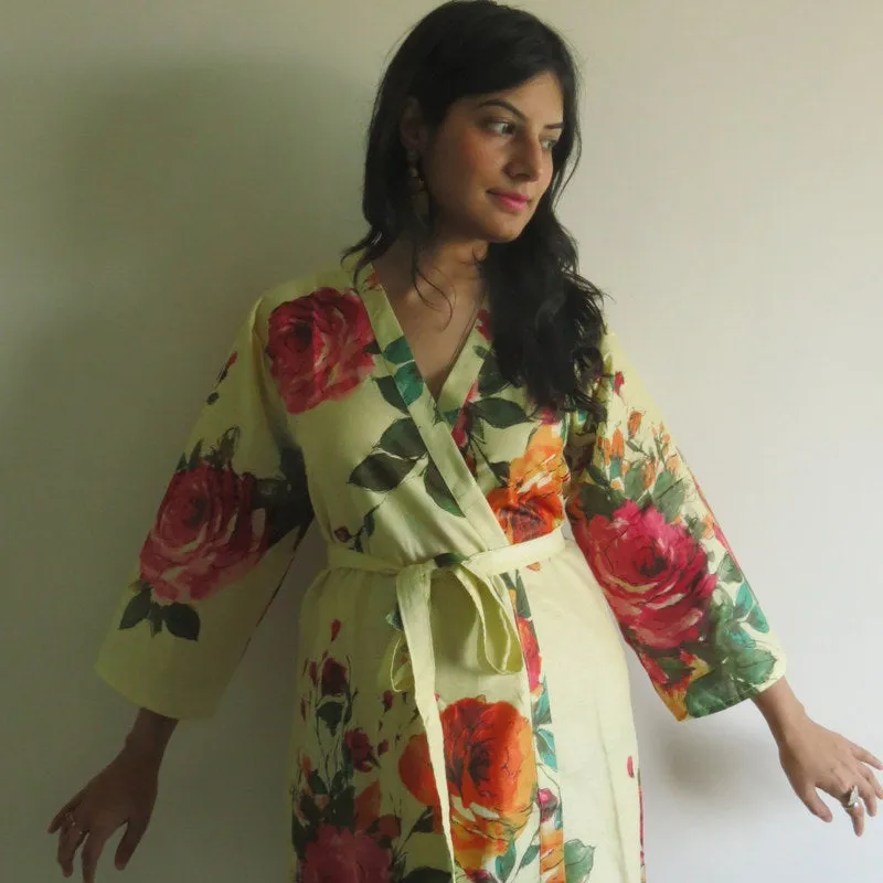 Light Yellow Big Floral Knee Length, Kimono Crossover Belted Robe