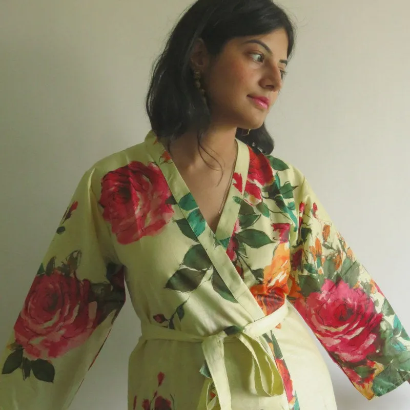 Light Yellow Big Floral Knee Length, Kimono Crossover Belted Robe