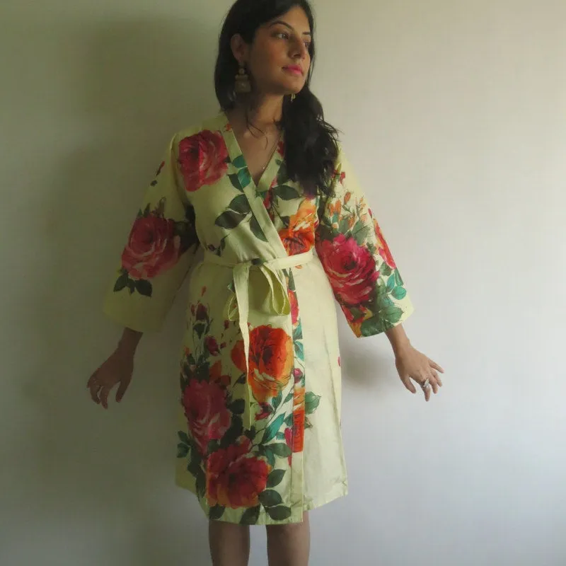 Light Yellow Big Floral Knee Length, Kimono Crossover Belted Robe