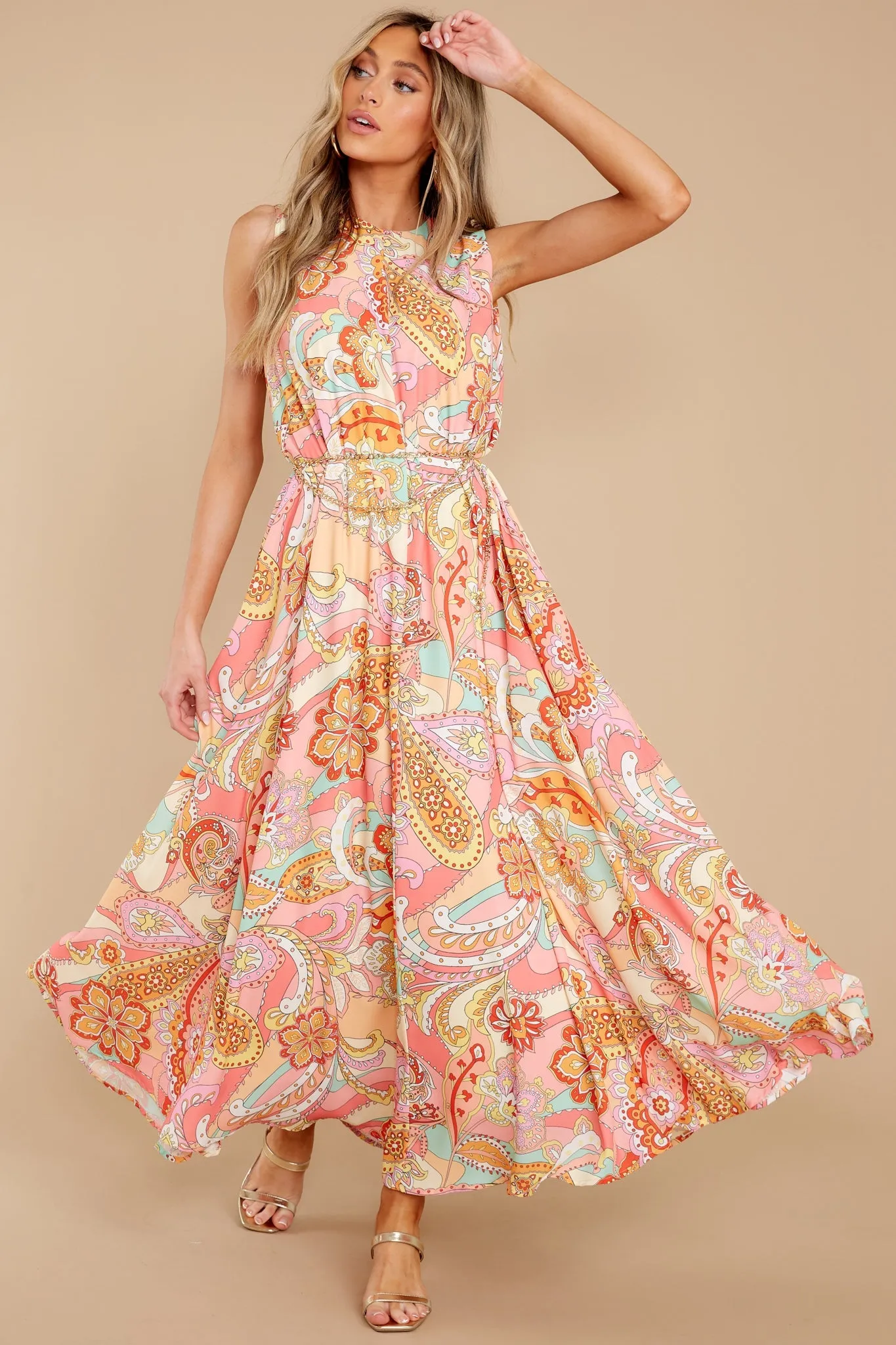 Like Fine Art Peach Pink Multi Print Maxi Dress