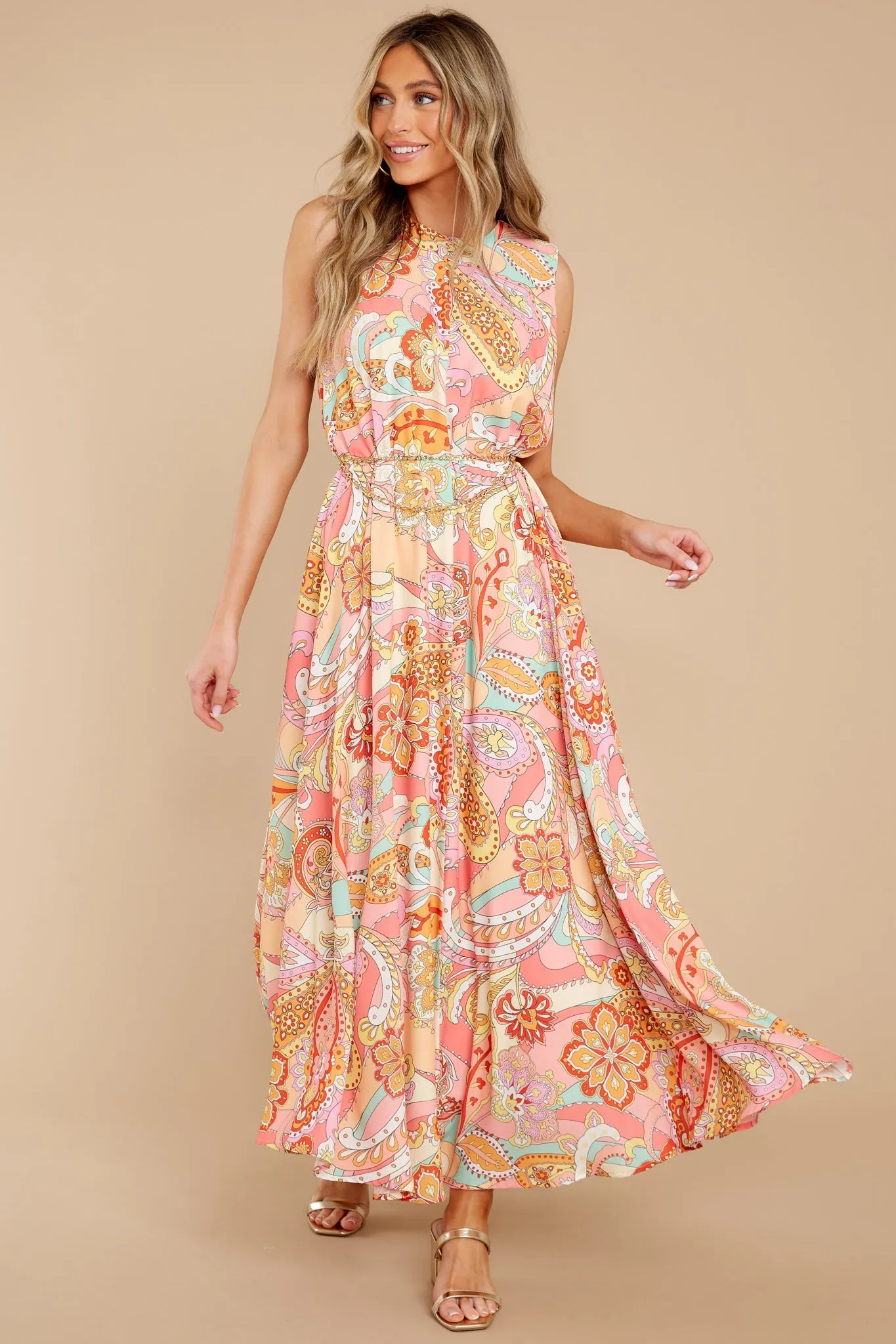 Like Fine Art Peach Pink Multi Print Maxi Dress