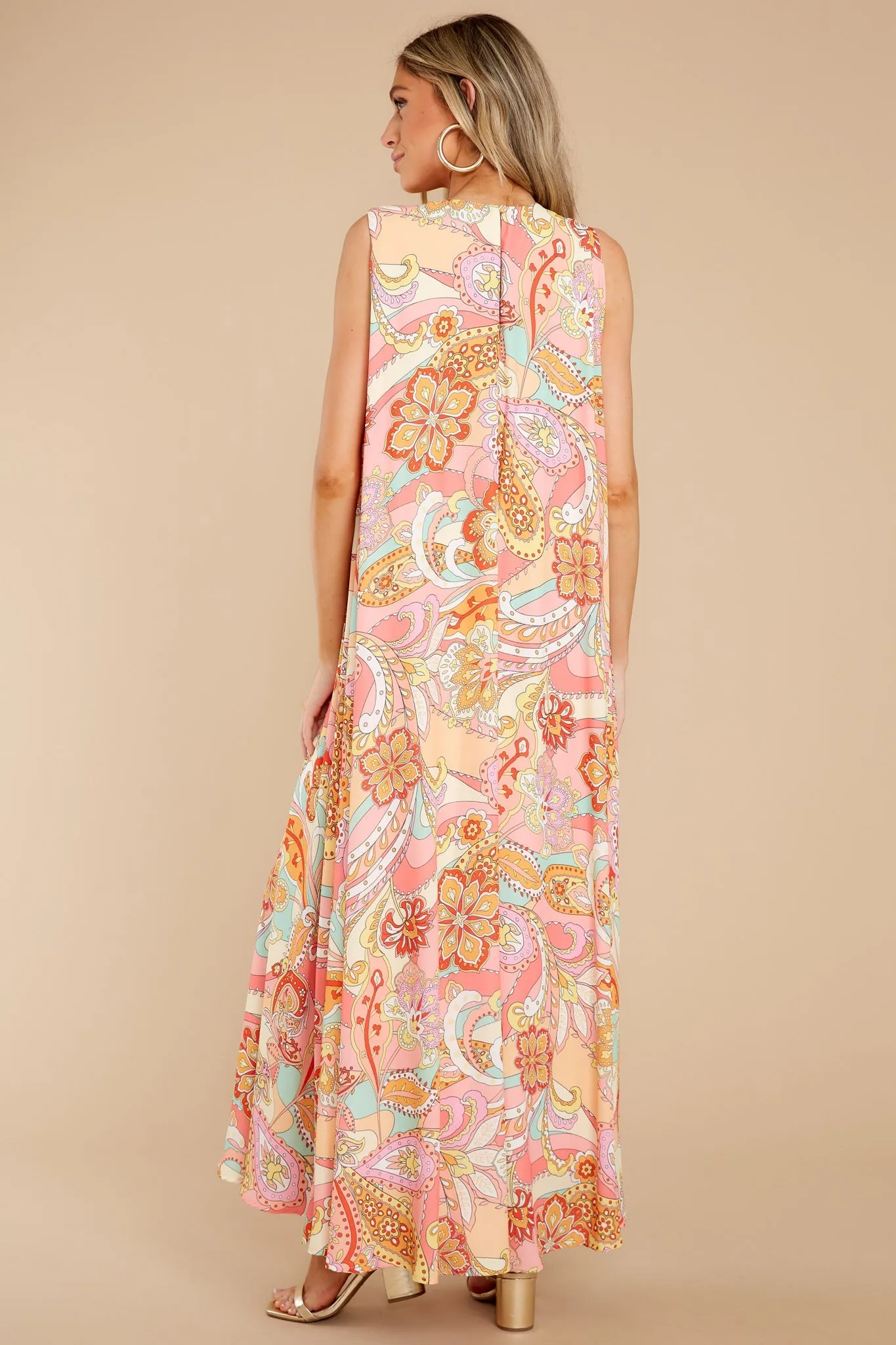 Like Fine Art Peach Pink Multi Print Maxi Dress