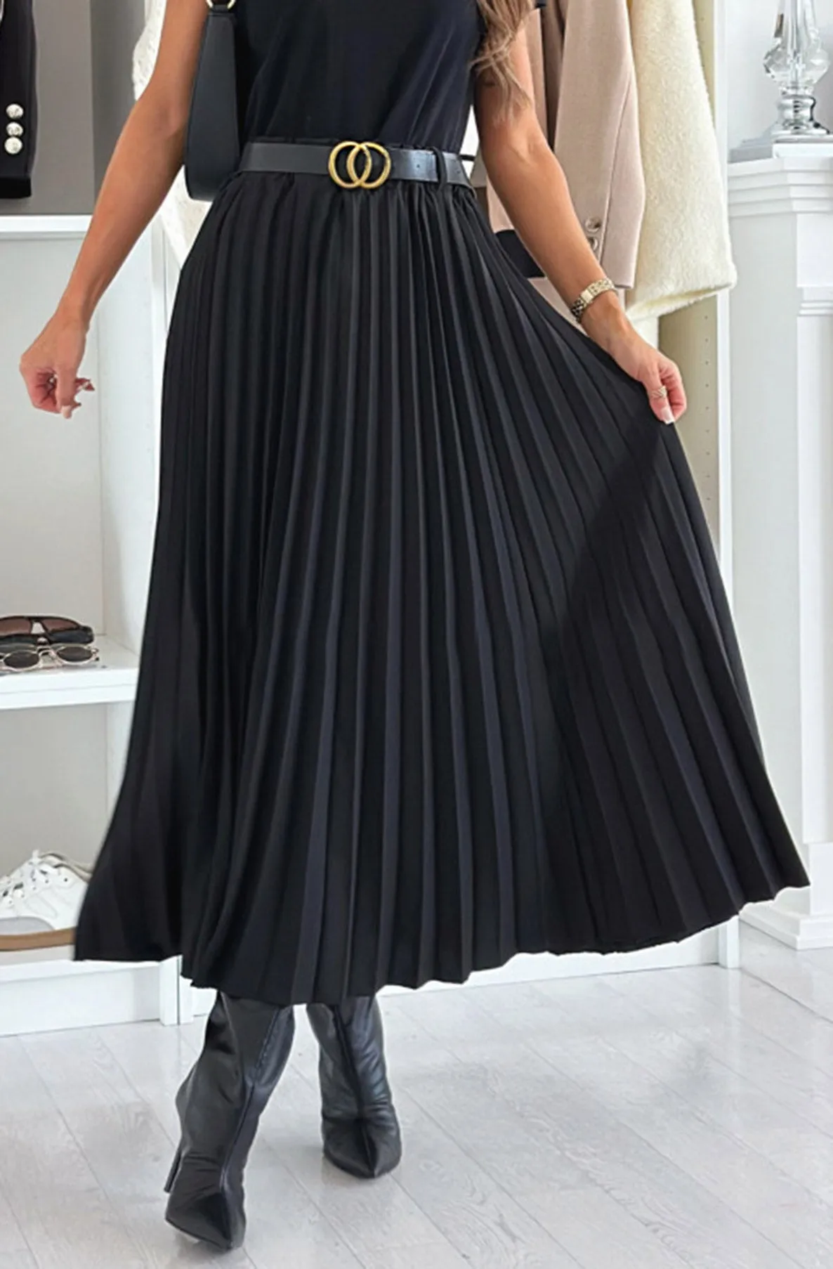 Megan Pleated Chiffon Belted Midaxi Skirt-Black