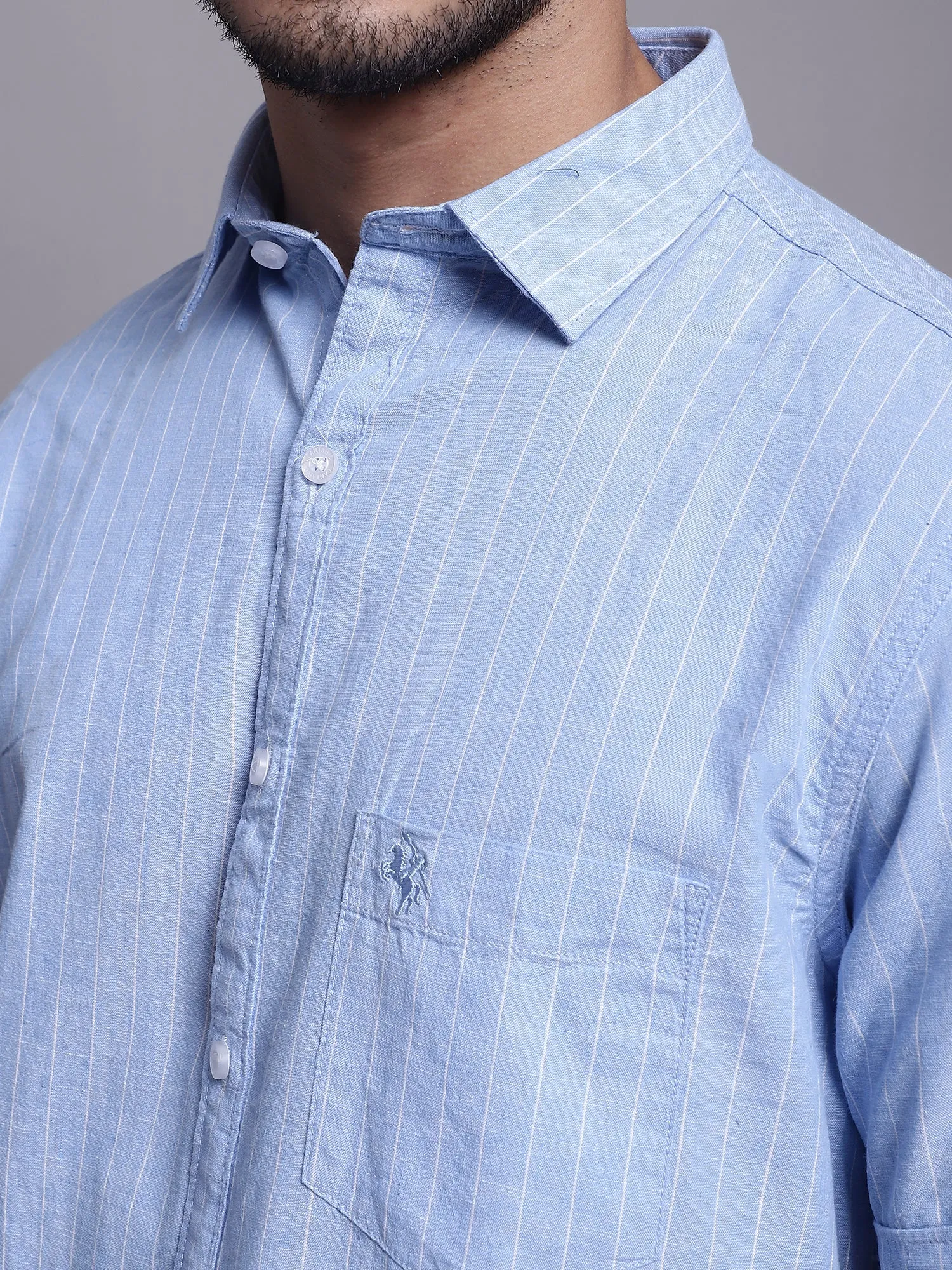 Men's Light Blue Casual Thin Stripe Half Sleeve Shirt