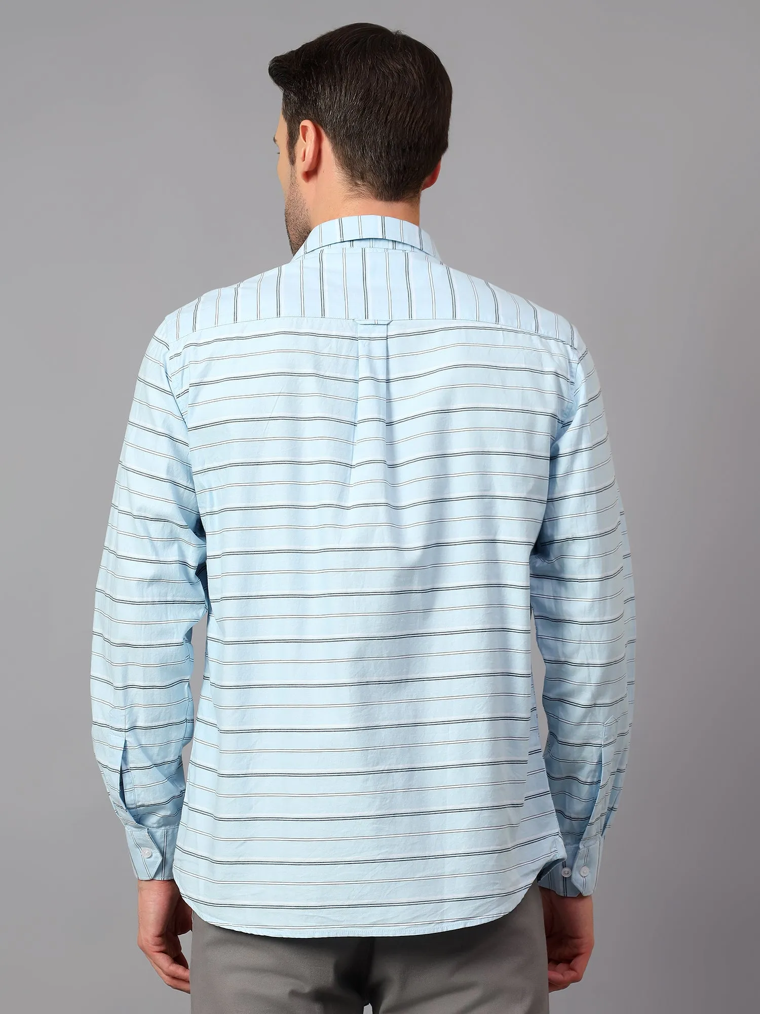 Men's Sky Blue Casual Horizontal Stripe Print Full Sleeve Shirt