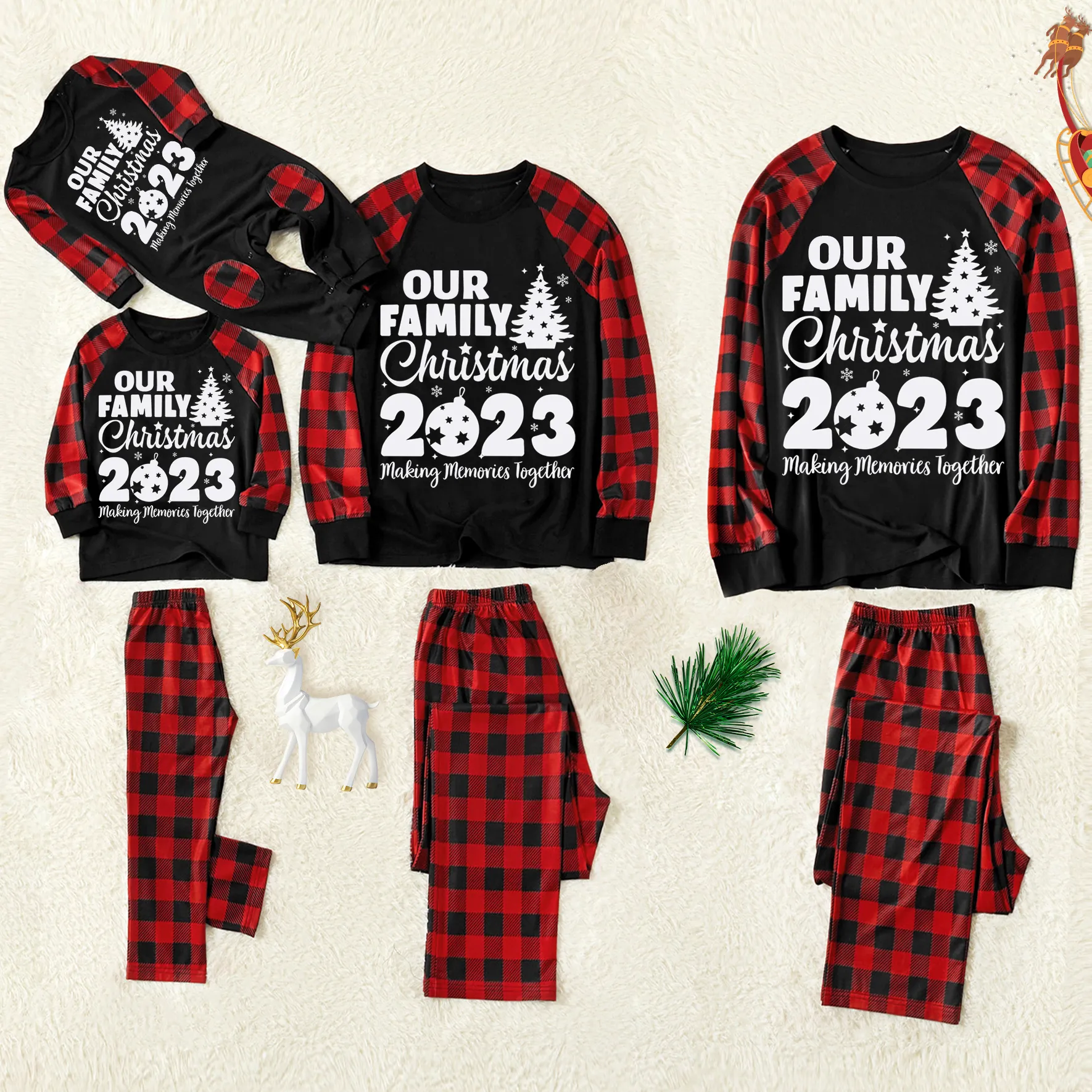 Merry Christmas Cute Gnome Print Casual Long Sleeve Sweatshirts Grey Contrast Top and Black & Red Plaid Pants Family Matching Pajamas Set With Dog Bandana