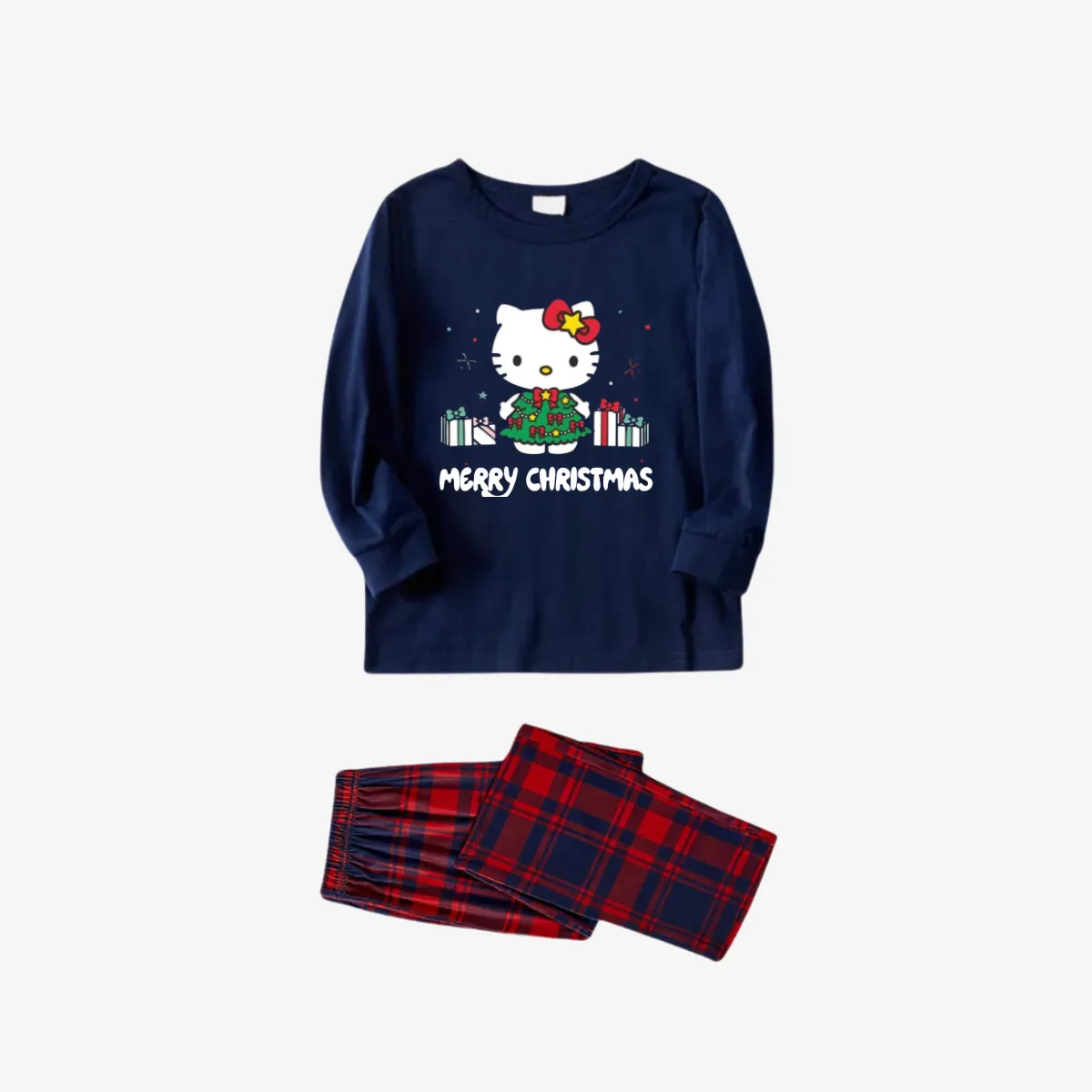 Merry Christmas Letter & Hello Kitty Pattern Blue&Red Plaid Family Pajama Sets