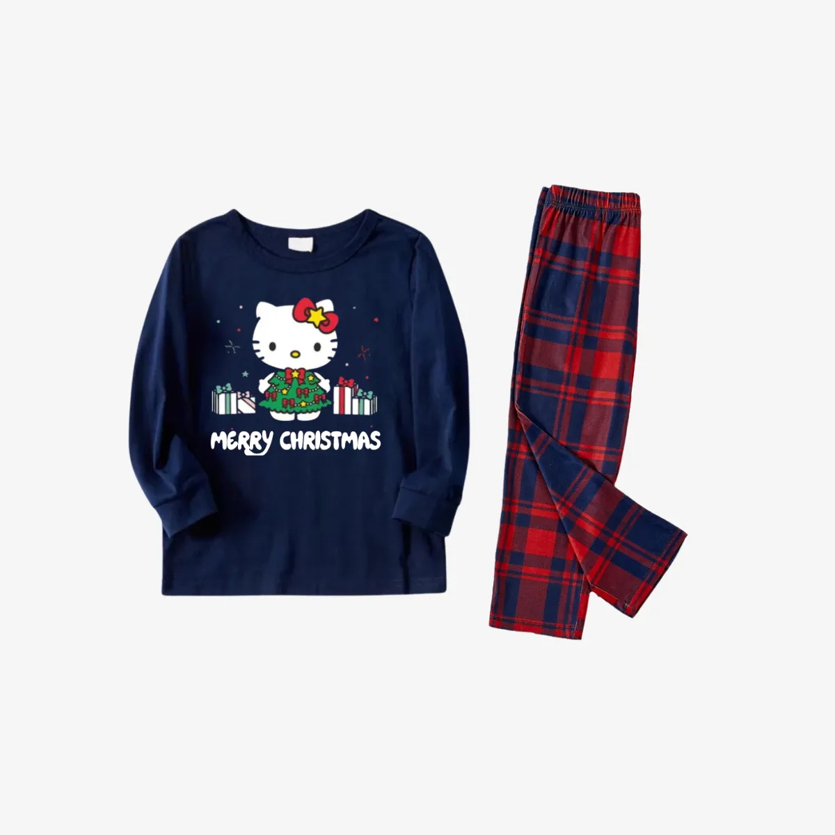 Merry Christmas Letter & Hello Kitty Pattern Blue&Red Plaid Family Pajama Sets