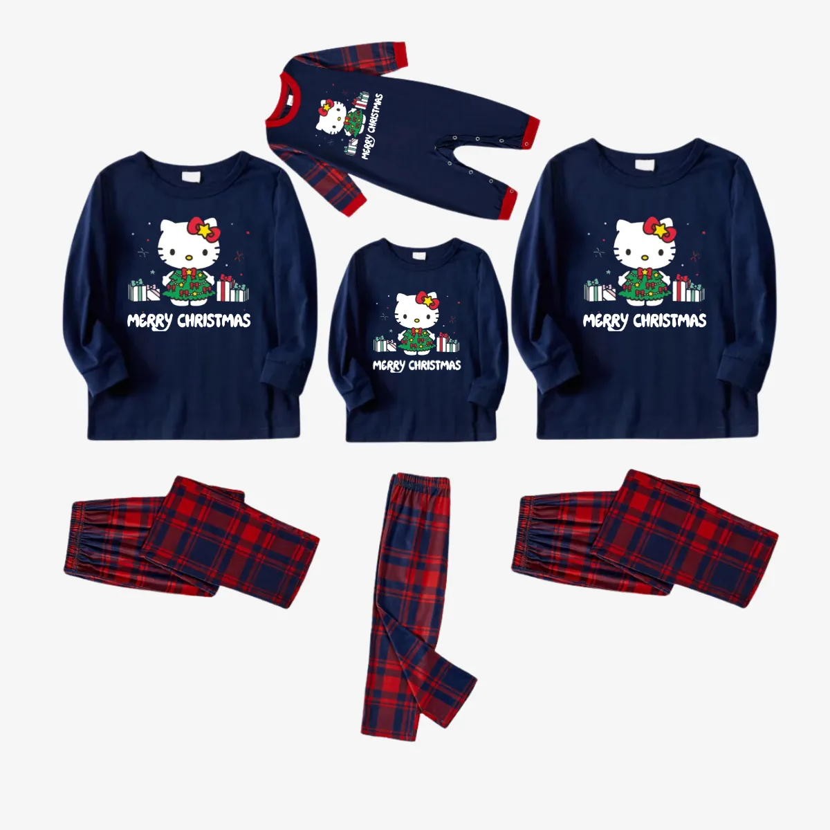 Merry Christmas Letter & Hello Kitty Pattern Blue&Red Plaid Family Pajama Sets