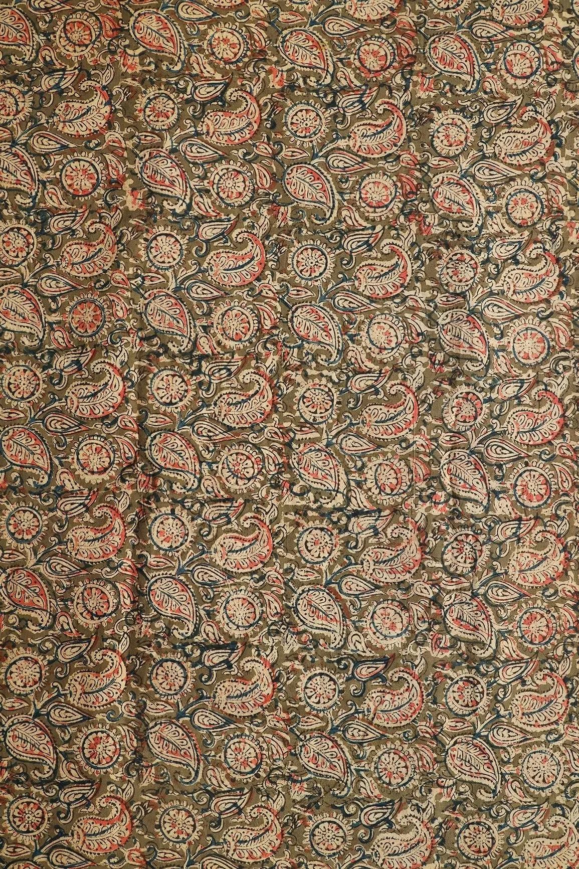 Olive And Light Beige Paisley Pattern Handblock Kalamkari Organic Cotton Fabric