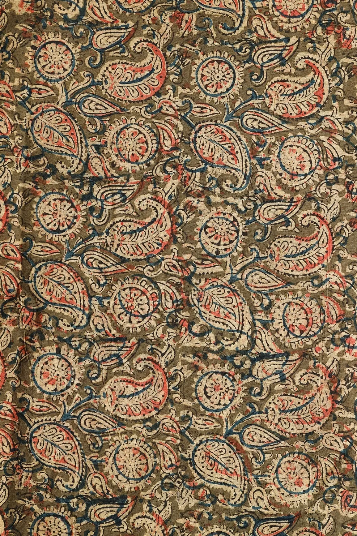 Olive And Light Beige Paisley Pattern Handblock Kalamkari Organic Cotton Fabric