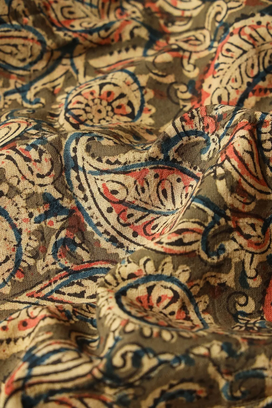 Olive And Light Beige Paisley Pattern Handblock Kalamkari Organic Cotton Fabric