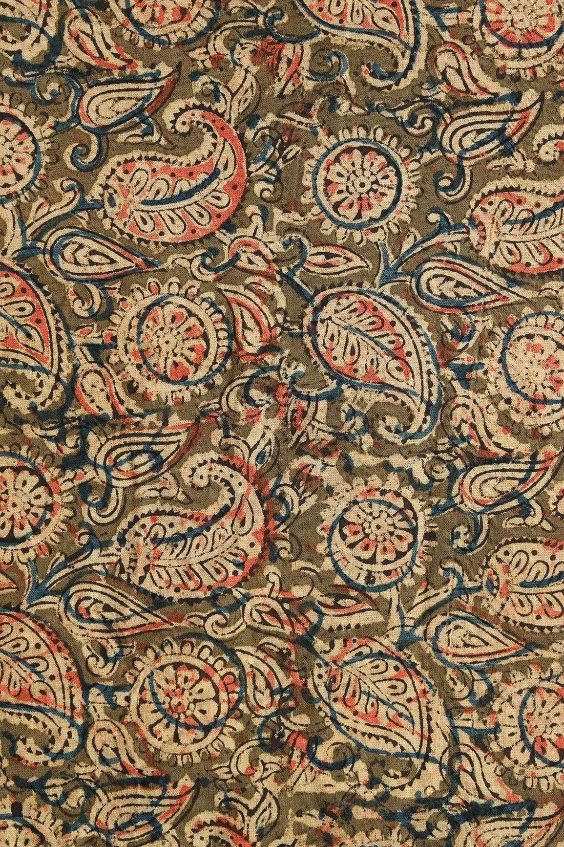 Olive And Light Beige Paisley Pattern Handblock Kalamkari Organic Cotton Fabric