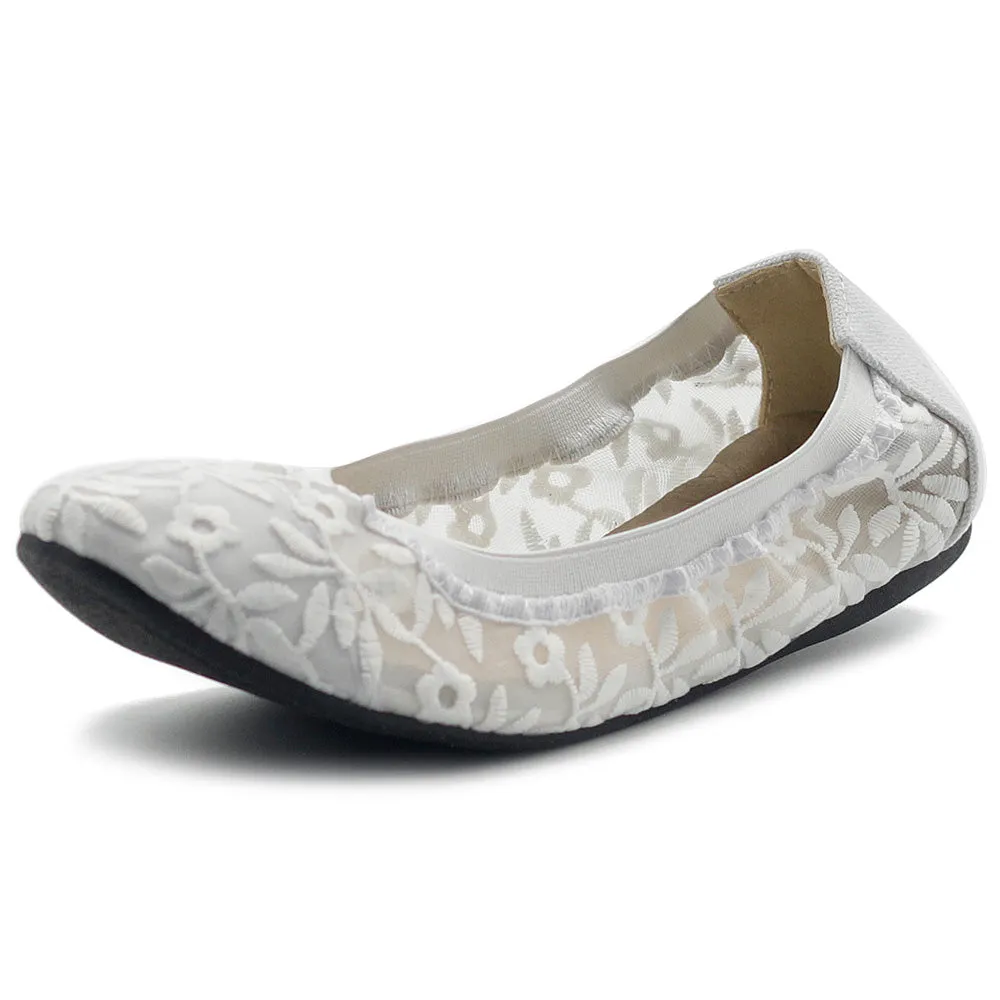 Ollio Women's Shoes Floral Embroidery Lace Slip On Comfort Light Ballet Flat