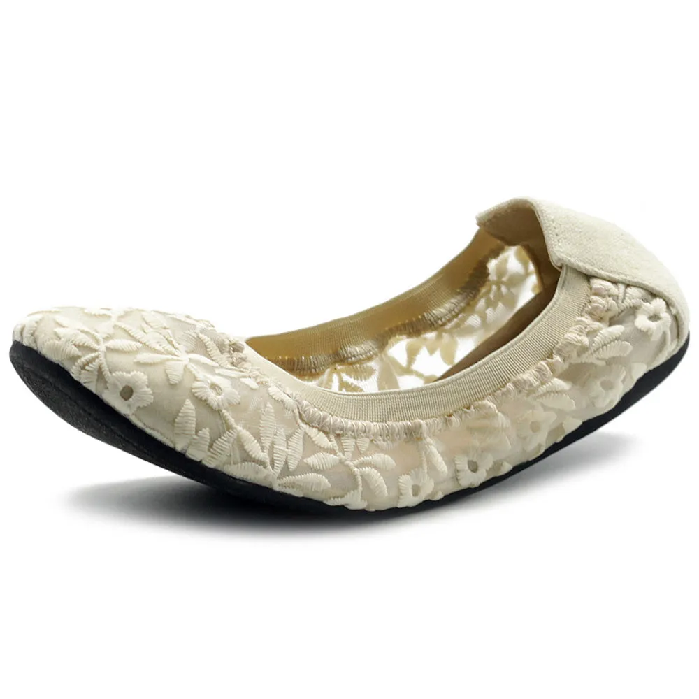 Ollio Women's Shoes Floral Embroidery Lace Slip On Comfort Light Ballet Flat