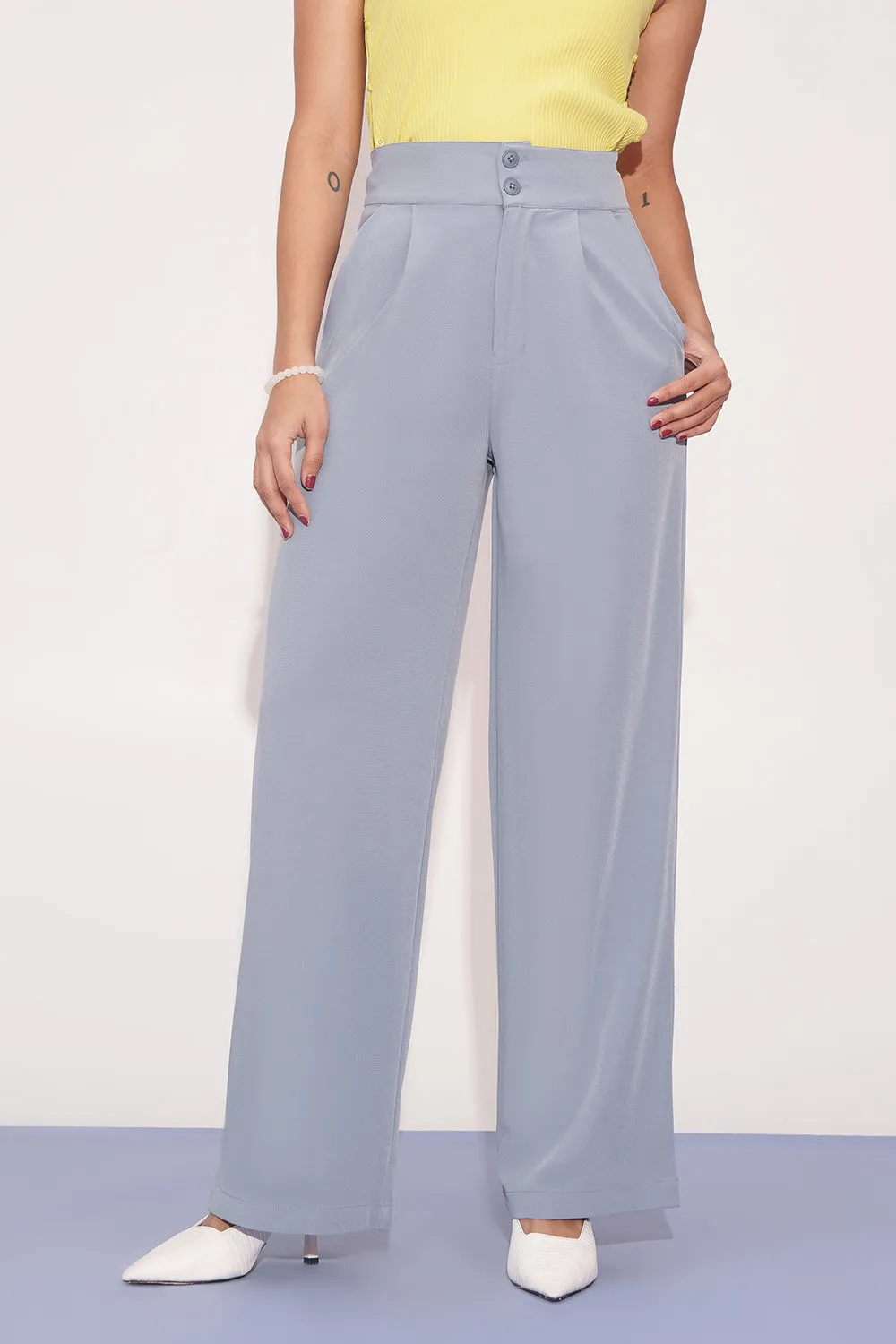 Opal Blue Pleated Double Button Korean Pants