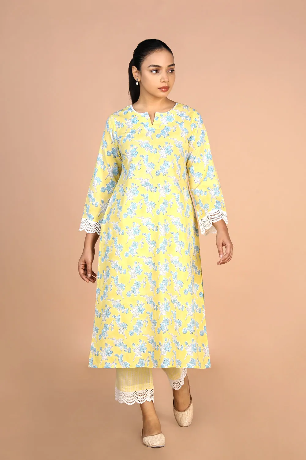 Pastel Yellow Handblock printed Kurti, pants and dupatta set