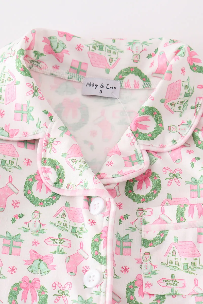 Pink watercolor christmas print girl pajamas set