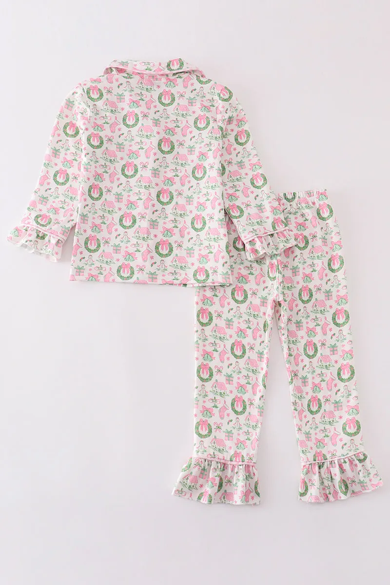 Pink watercolor christmas print girl pajamas set