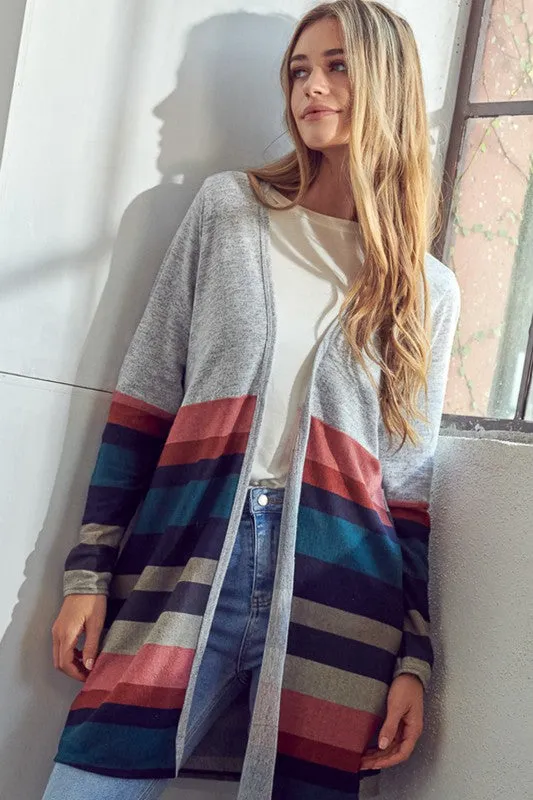 Plus Multi Stripe Brushed Hacci Open Cardigan