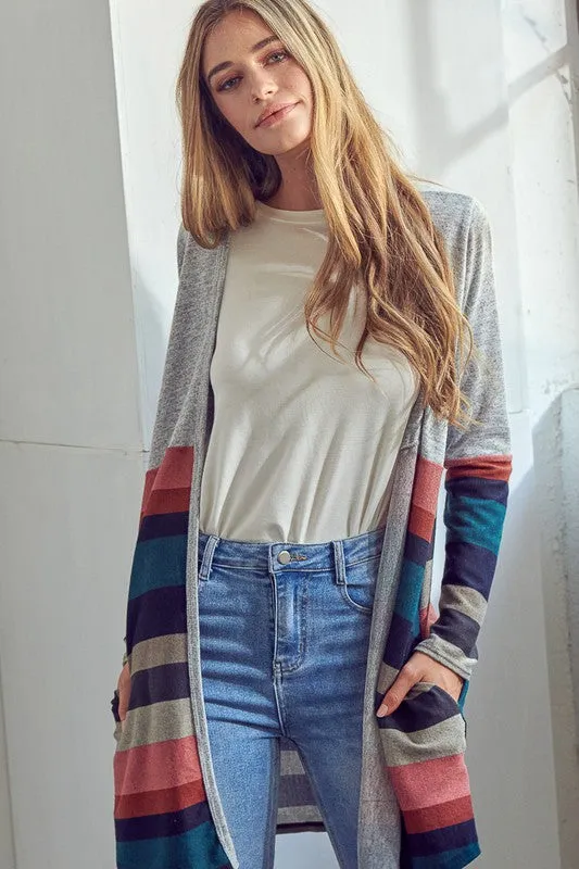 Plus Multi Stripe Brushed Hacci Open Cardigan