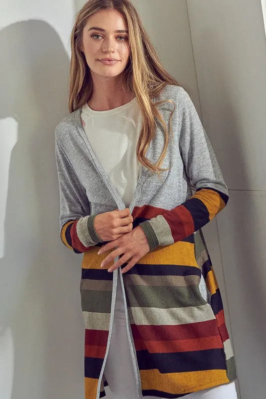 Plus Multi Stripe Brushed Hacci Open Cardigan