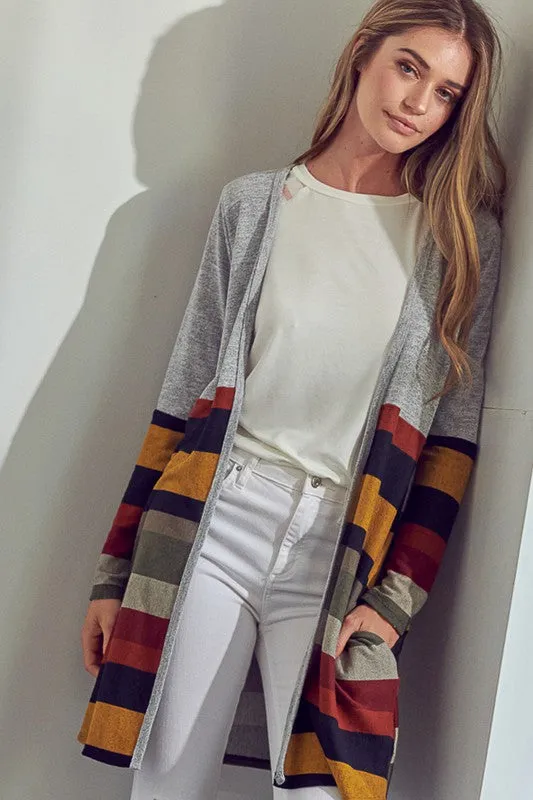 Plus Multi Stripe Brushed Hacci Open Cardigan