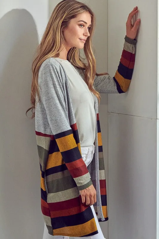 Plus Multi Stripe Brushed Hacci Open Cardigan