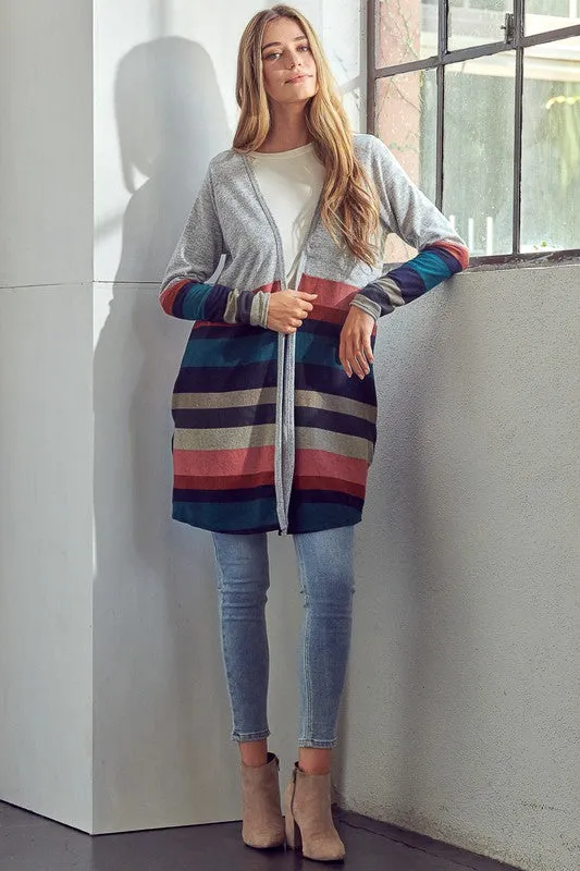 Plus Multi Stripe Brushed Hacci Open Cardigan