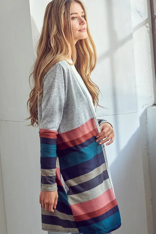 Plus Multi Stripe Brushed Hacci Open Cardigan