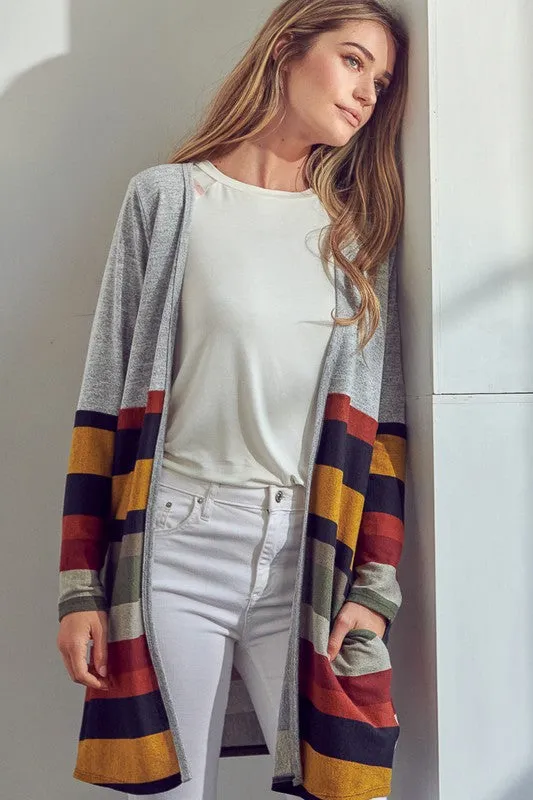 Plus Multi Stripe Brushed Hacci Open Cardigan