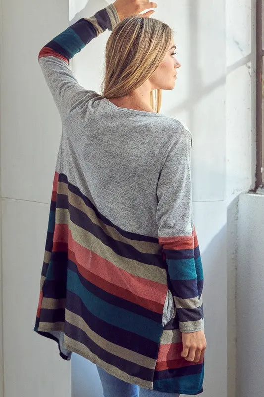 Plus Multi Stripe Brushed Hacci Open Cardigan