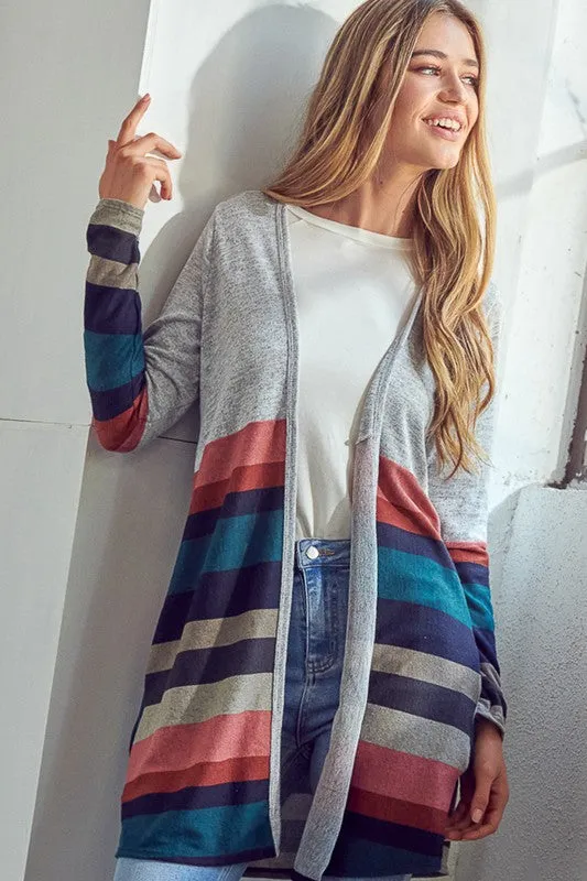 Plus Multi Stripe Brushed Hacci Open Cardigan