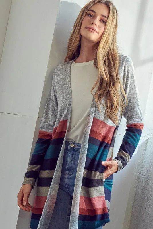 Plus Multi Stripe Brushed Hacci Open Cardigan