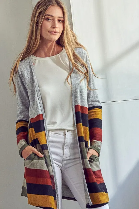 Plus Multi Stripe Brushed Hacci Open Cardigan