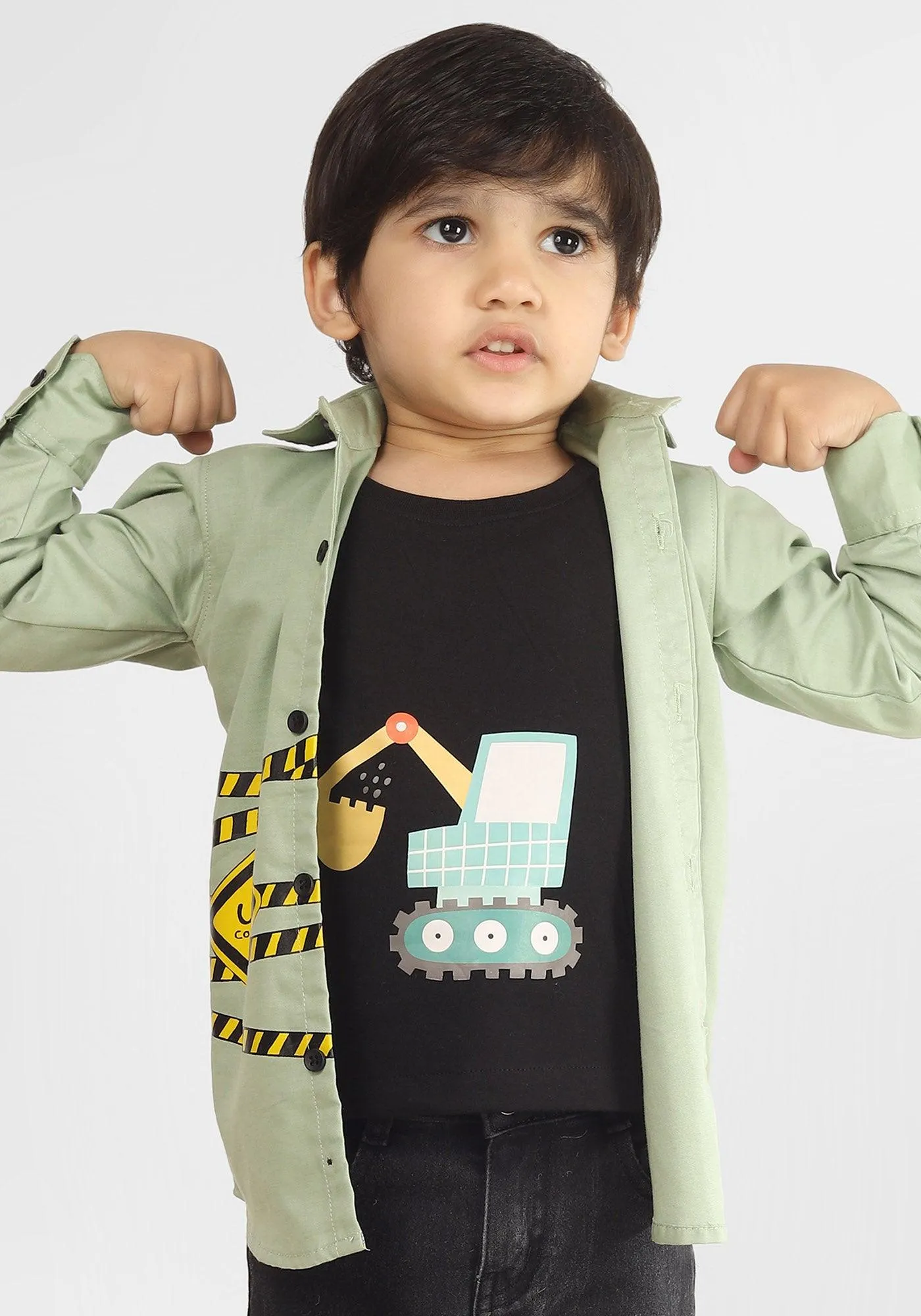 Polka Tots Full Sleeves Under Construction Print Tshirt Shirt - Green