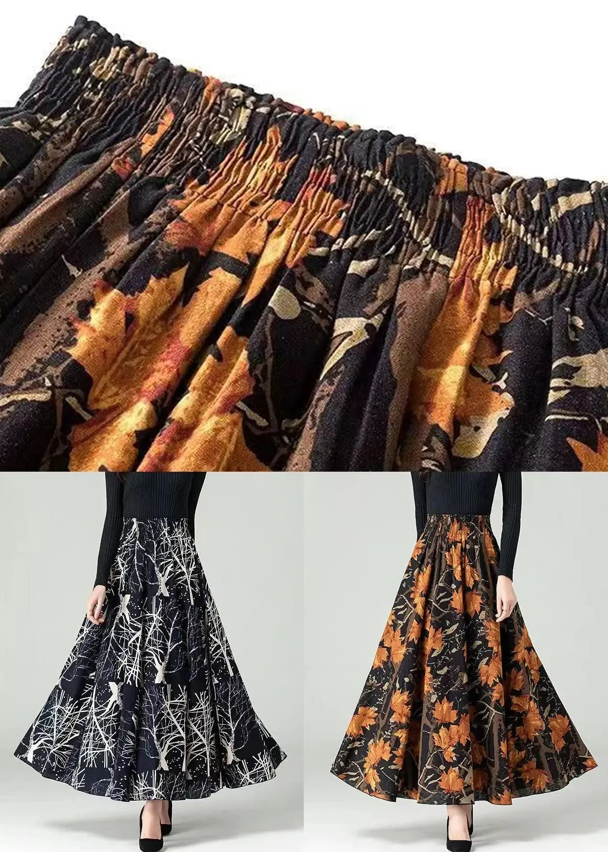 Print Elastic Waist Cotton Skirts Fall