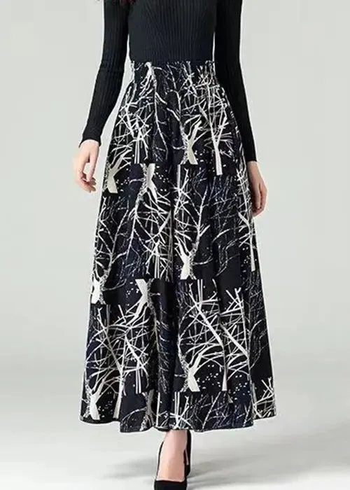 Print Elastic Waist Cotton Skirts Fall