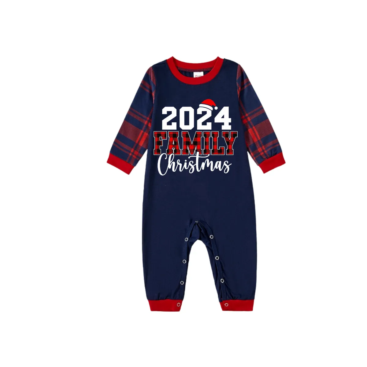 "2024 Christmas" Text and Santa Hat Prints Blue Long Sleeves Top with Red and Blue Plaid Pants Christmas Matching Pajamas