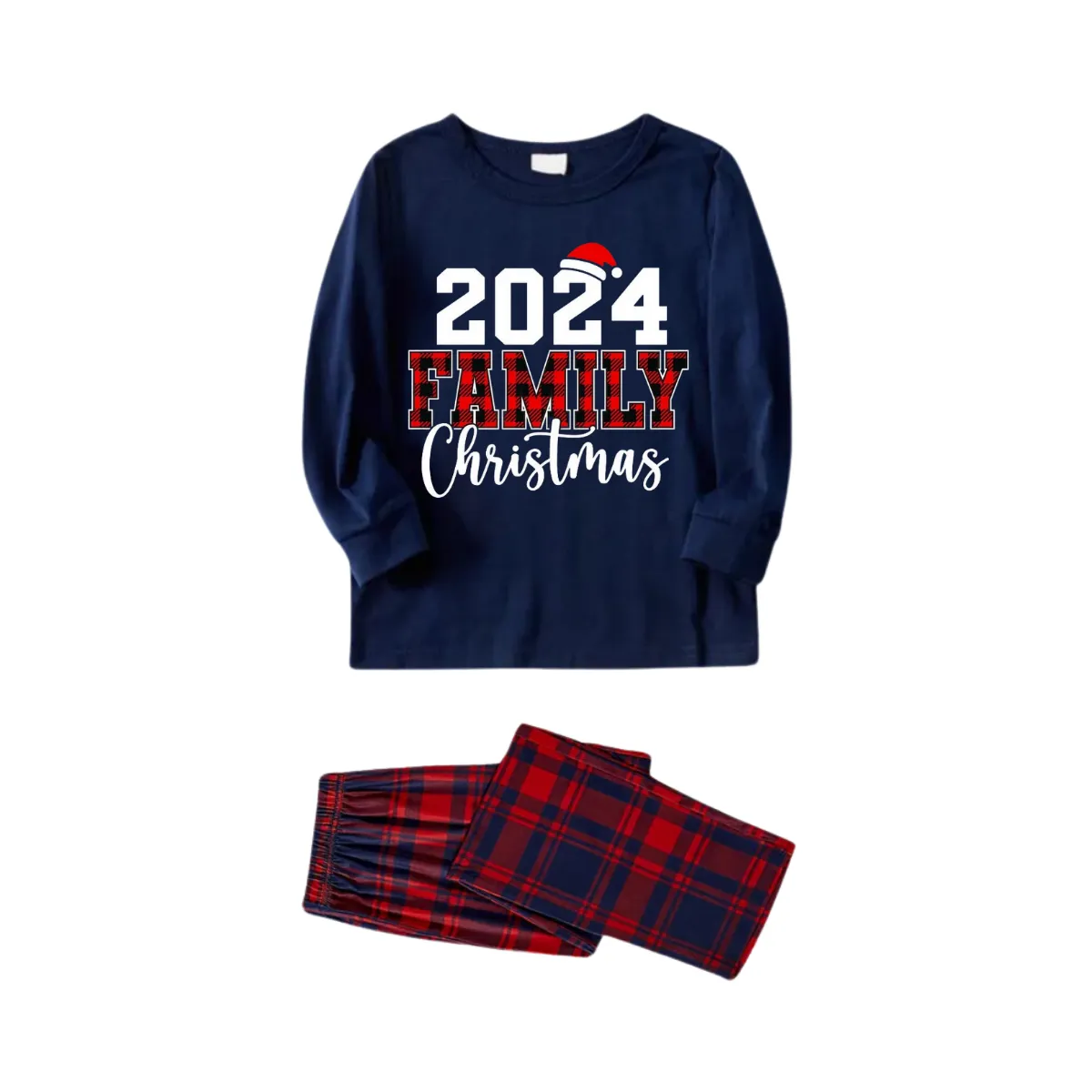 "2024 Christmas" Text and Santa Hat Prints Blue Long Sleeves Top with Red and Blue Plaid Pants Christmas Matching Pajamas