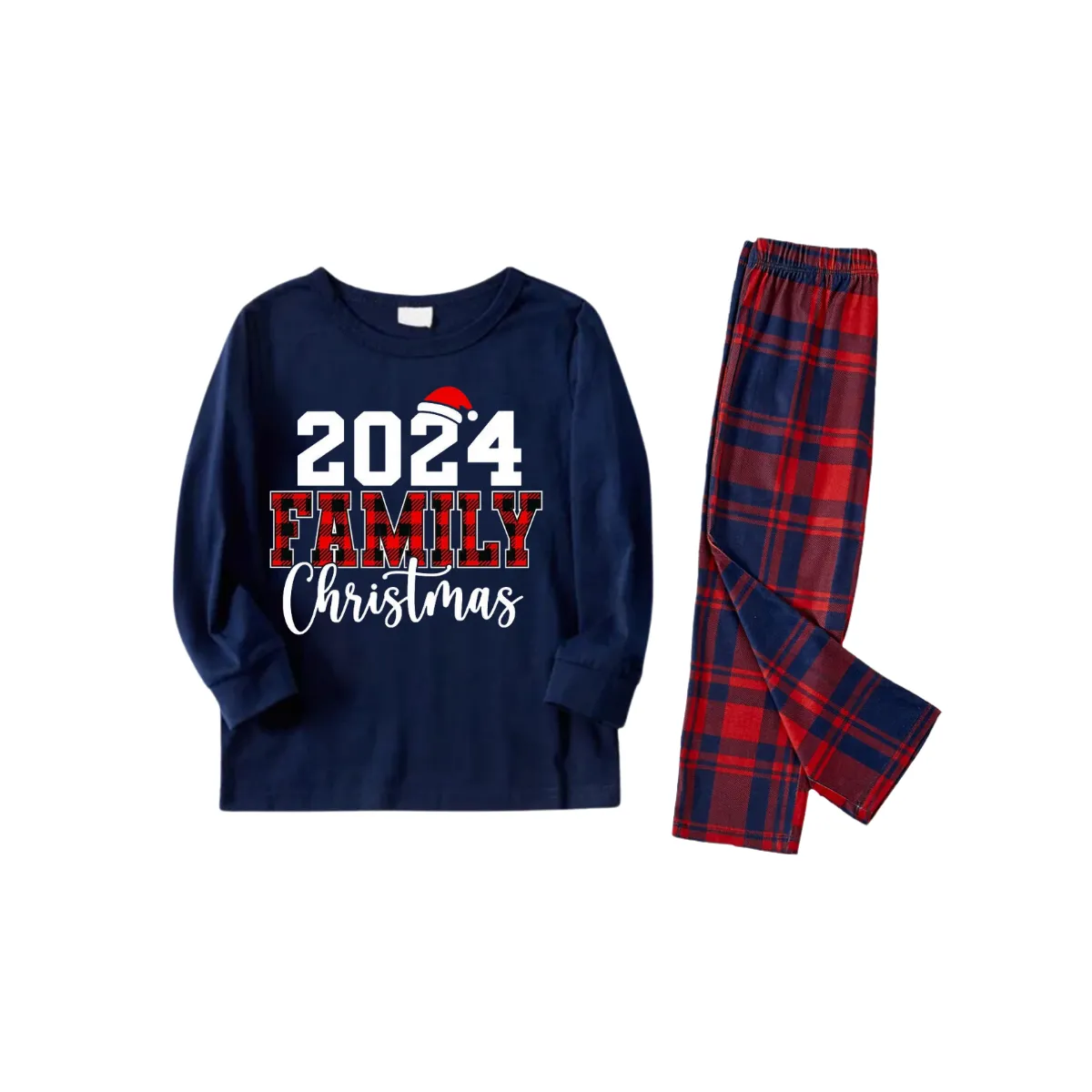 "2024 Christmas" Text and Santa Hat Prints Blue Long Sleeves Top with Red and Blue Plaid Pants Christmas Matching Pajamas