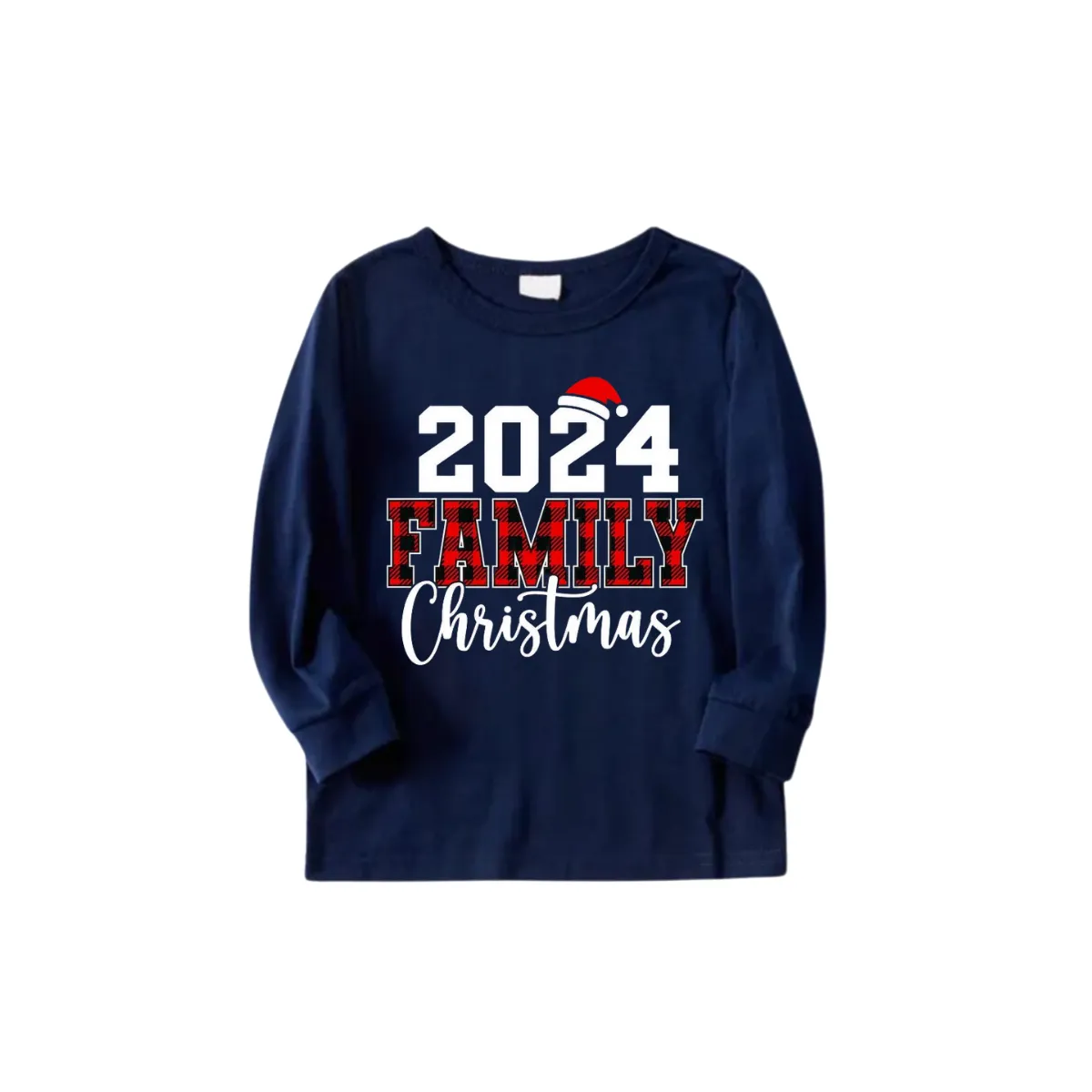 "2024 Christmas" Text and Santa Hat Prints Blue Long Sleeves Top with Red and Blue Plaid Pants Christmas Matching Pajamas