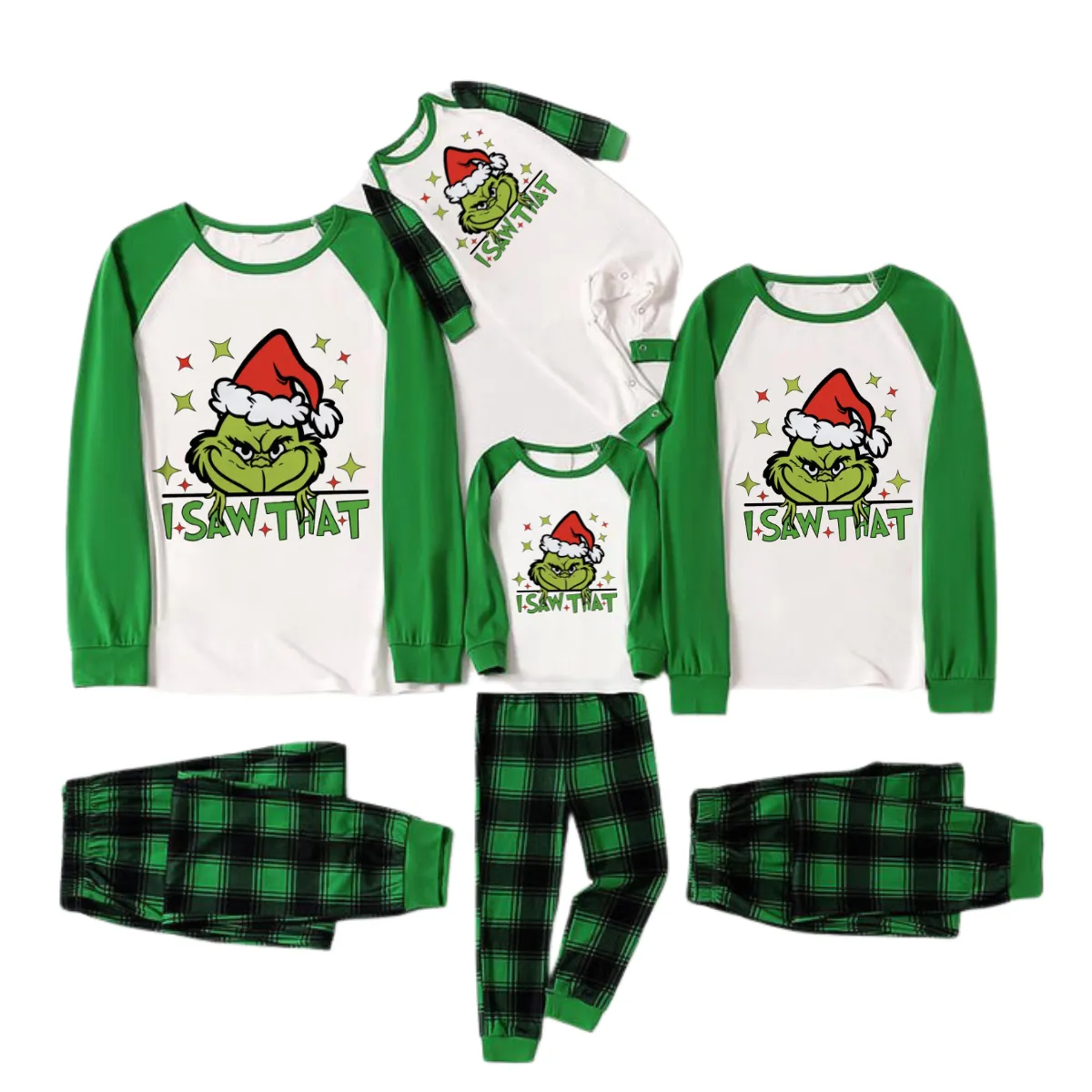 "I Saw that" Text and Cartoon Pattern Printed Green Plaid Long Sleeve Christmas Family Pajamas