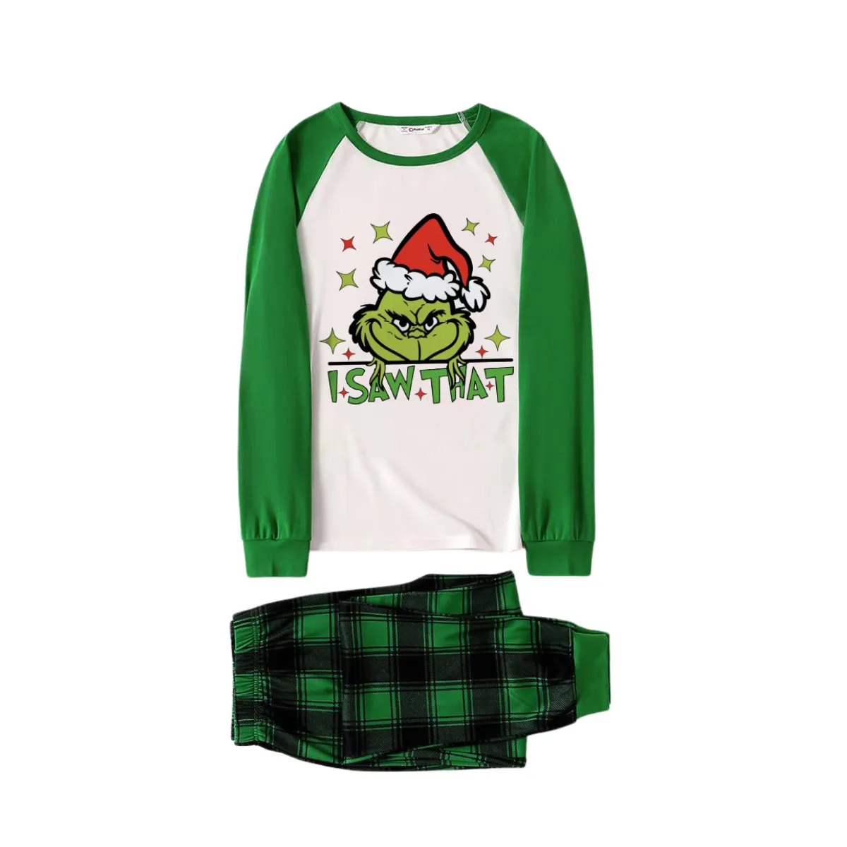 "I Saw that" Text and Cartoon Pattern Printed Green Plaid Long Sleeve Christmas Family Pajamas