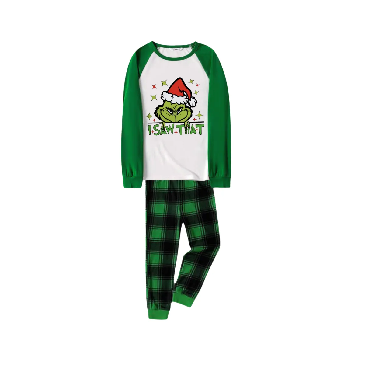 "I Saw that" Text and Cartoon Pattern Printed Green Plaid Long Sleeve Christmas Family Pajamas