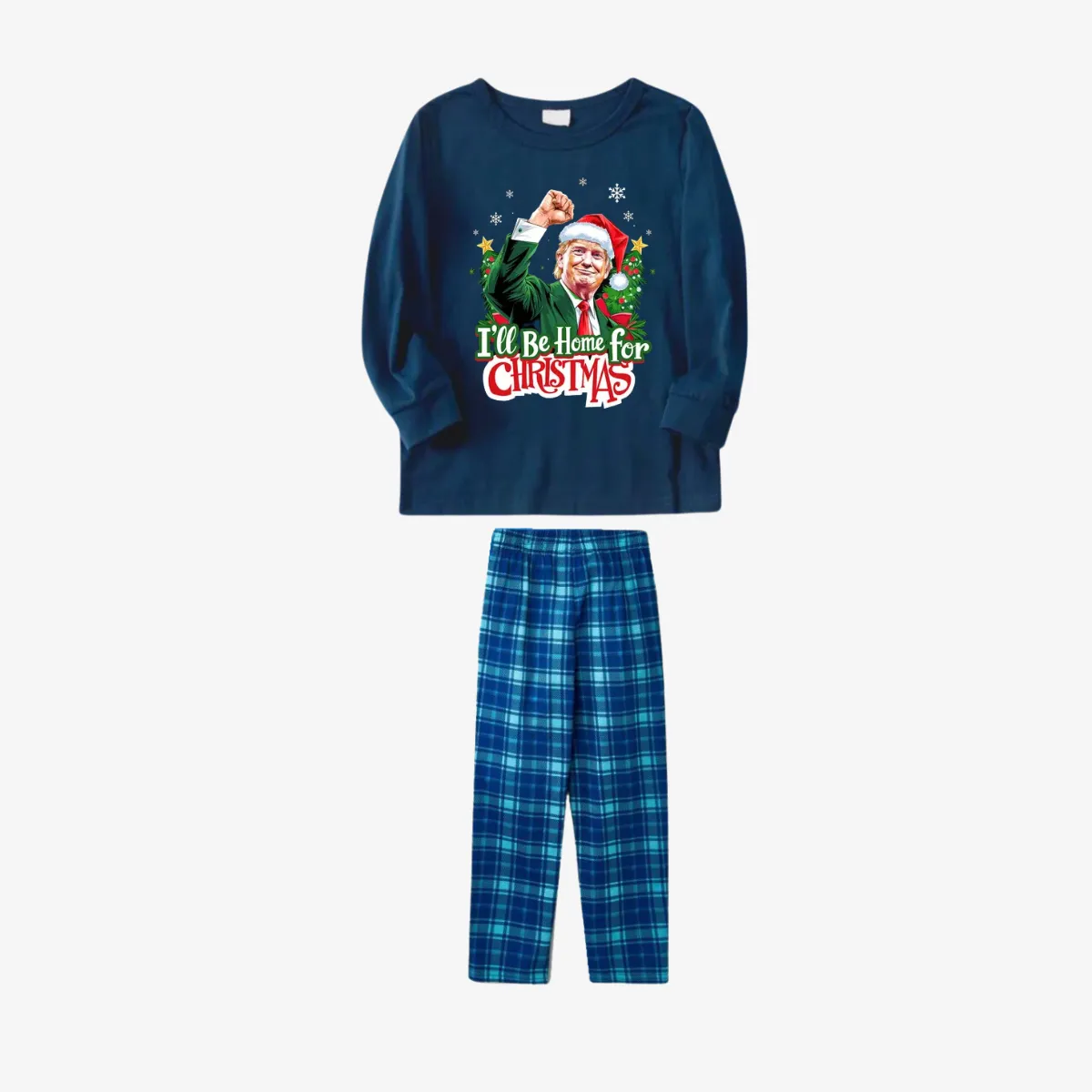 "I will be home for Christmas"Letter Printed Sky Blue Plaid Family Pajamas Sets