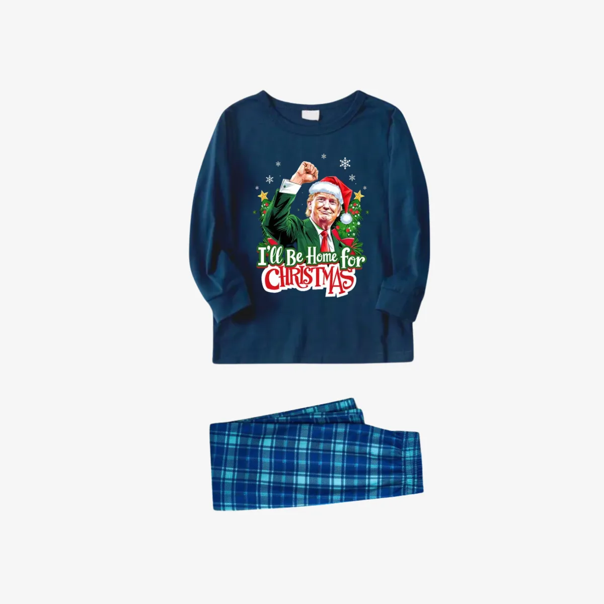 "I will be home for Christmas"Letter Printed Sky Blue Plaid Family Pajamas Sets