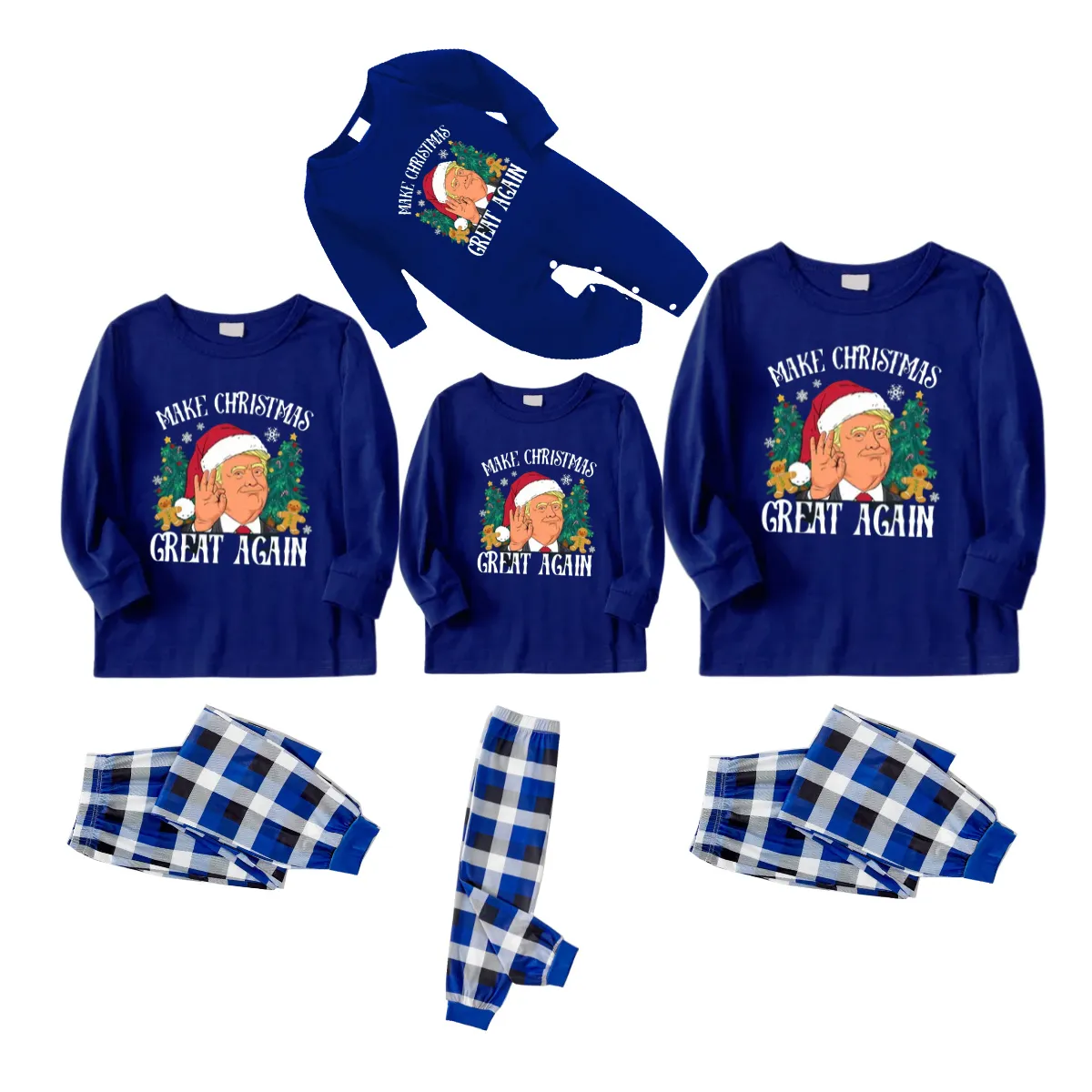 "MERRY CHRISTMAS GREAT AGAIN" Letter Printed Blue and White Plaid Family Pajamas Sets